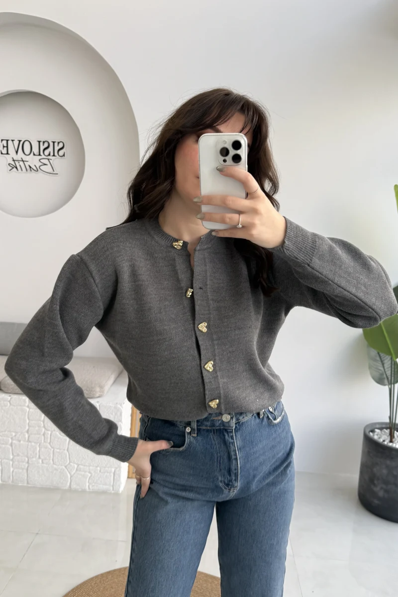 Merly Kalp Düğmeli Triko Hırka - Antrasit