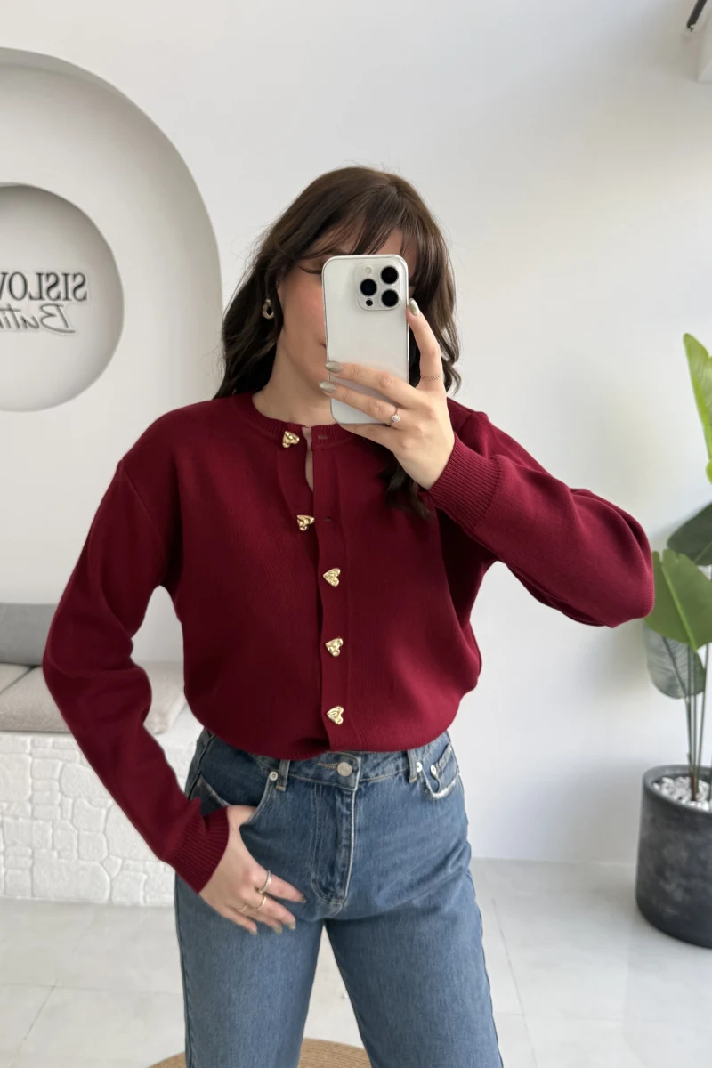 Merly Kalp Düğmeli Triko Hırka - Bordo