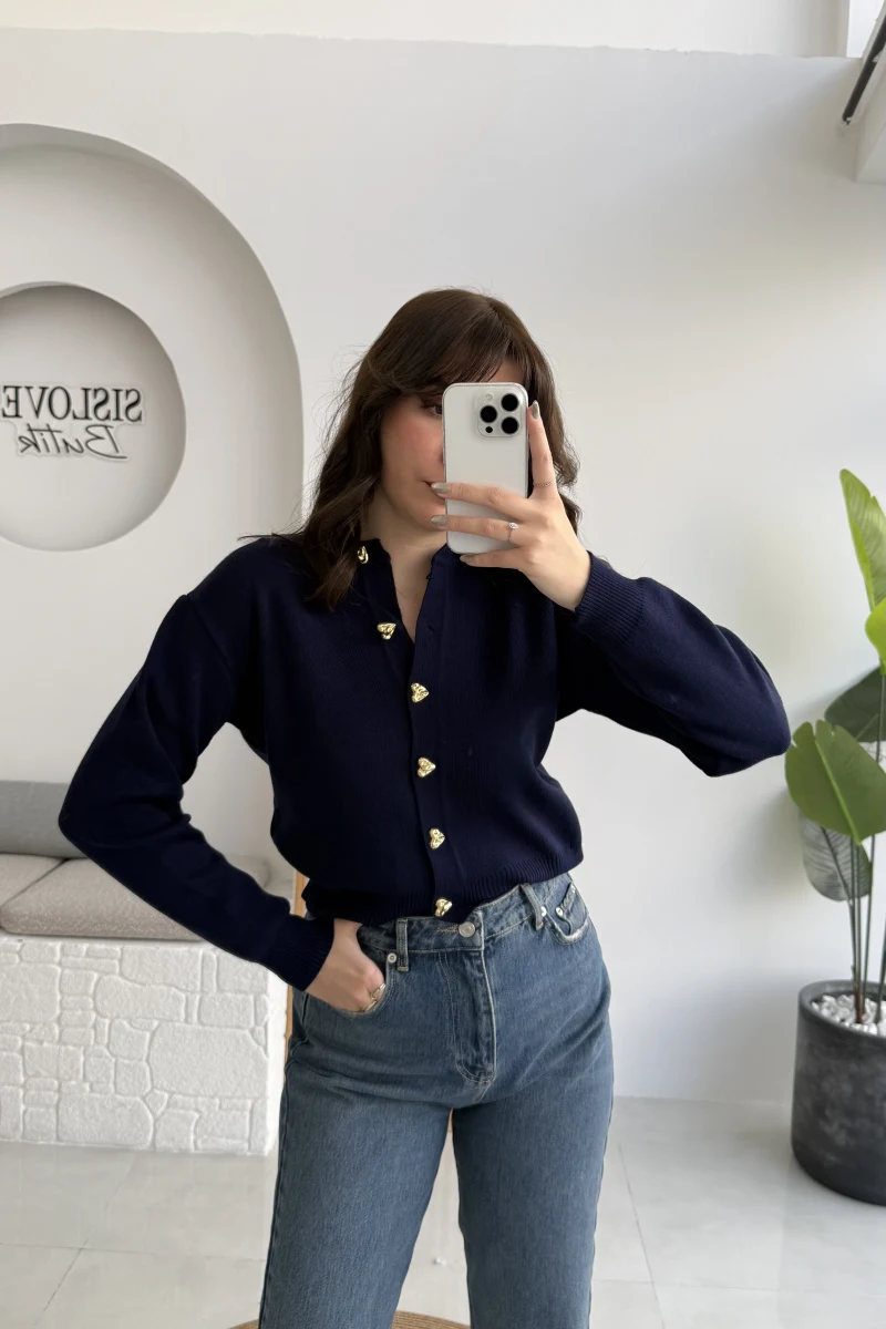 Merly Kalp Düğmeli Triko Hırka - Lacivert