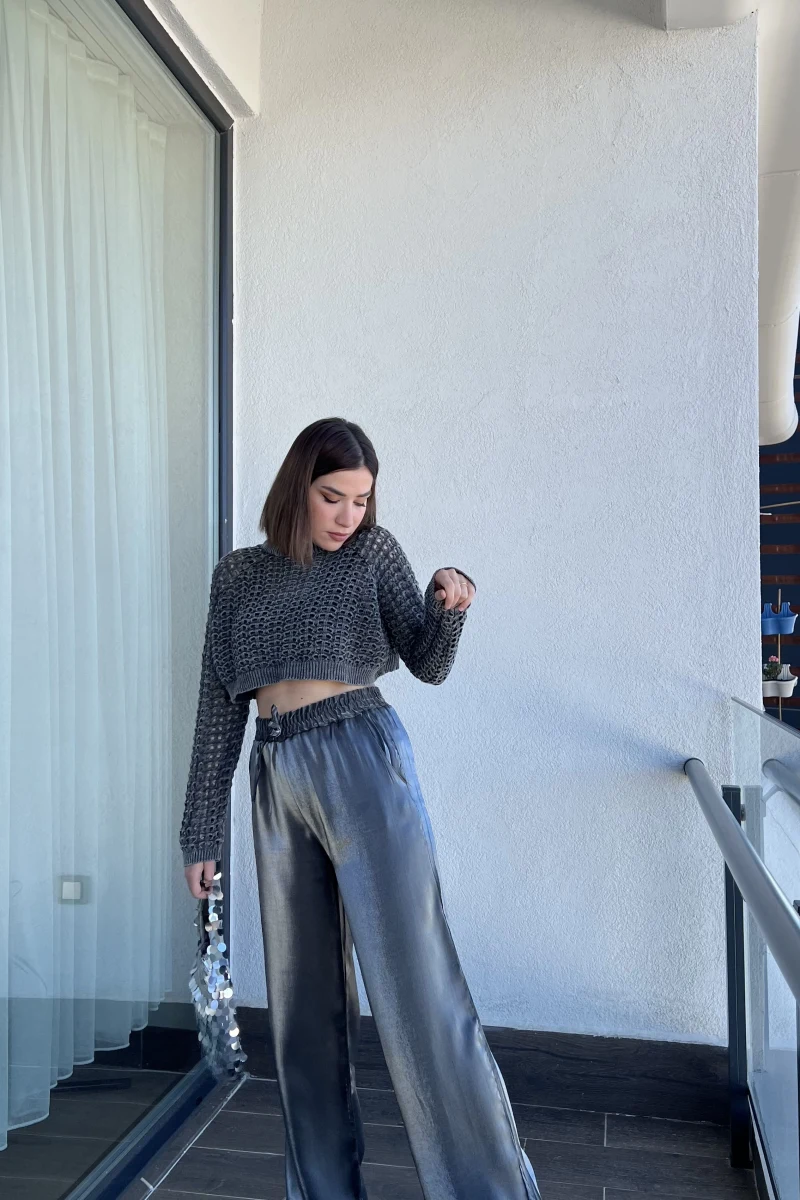 Metalik Gri Palazzo Pantolon