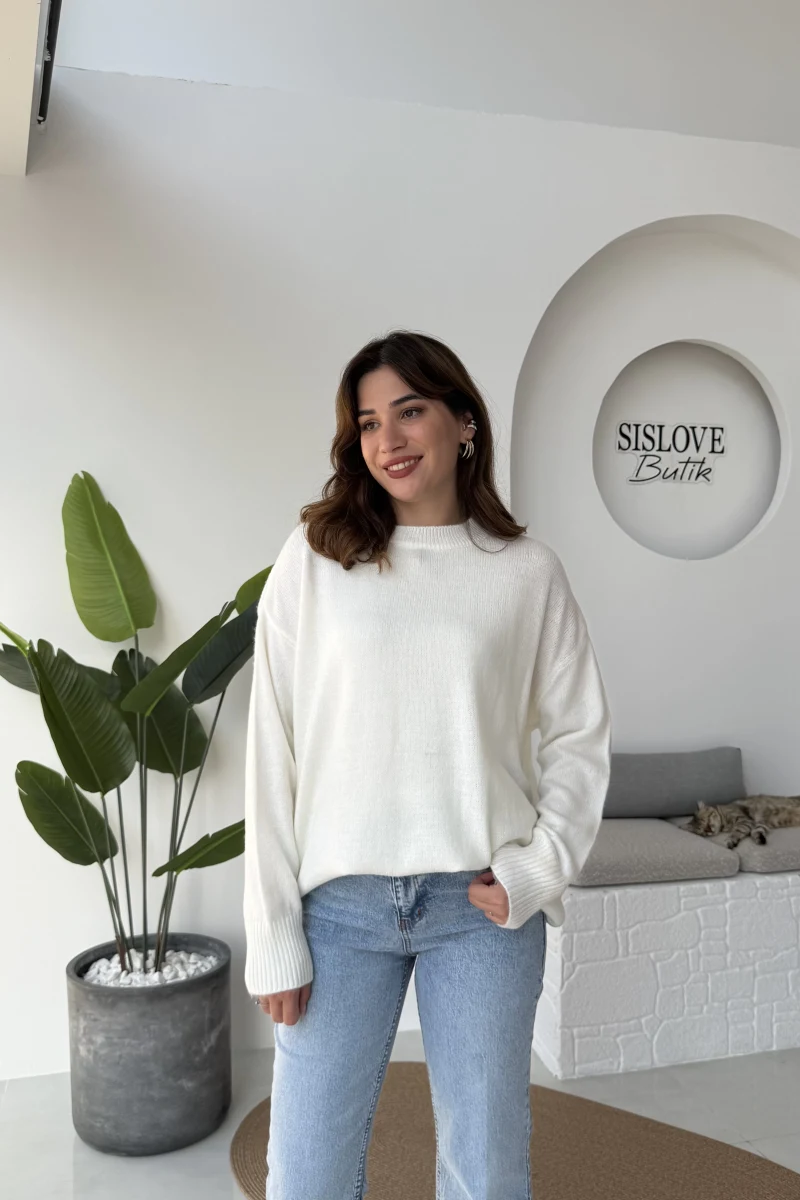 Mia Bisiklet Yaka Kazak Kırçıllı - Beyaz