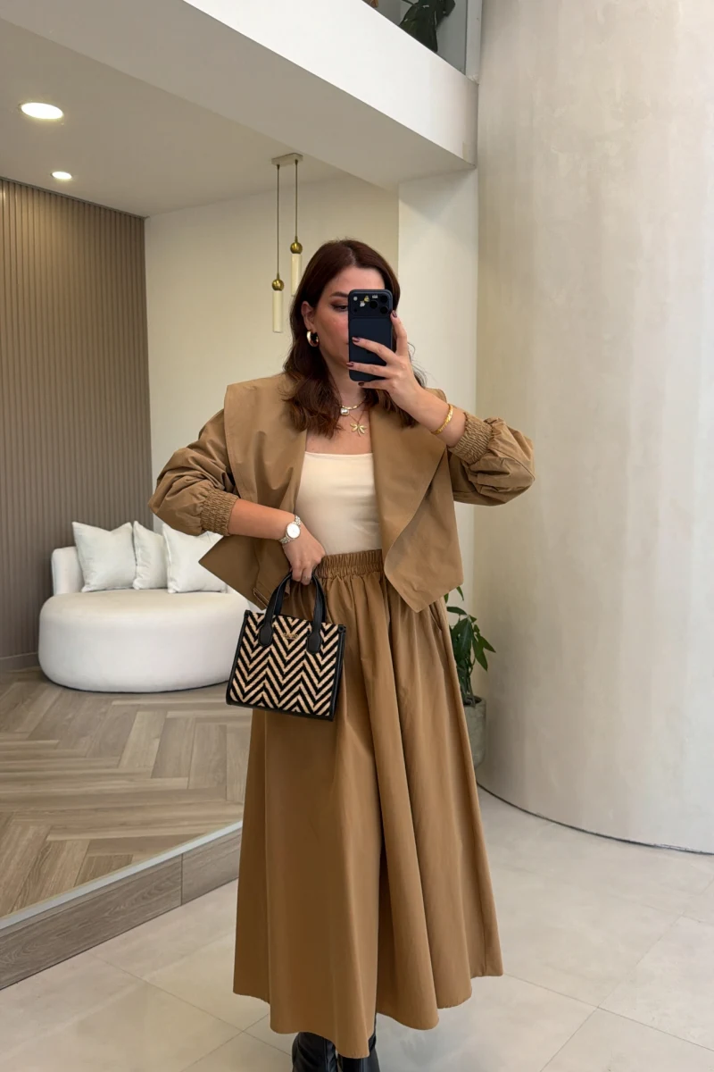 Midi Boy Beli Lastikli Etek - Camel - Kod: 5101