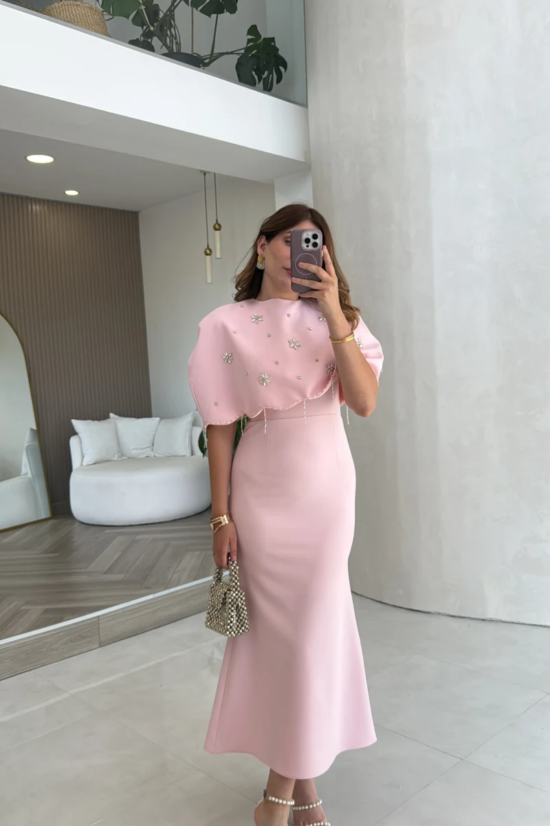 Milano Taş Detay Pelerin Elbise - Pembe - Kod: 204335