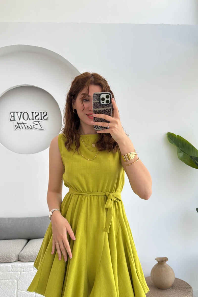 Mimoza Kuşaklı Elbise - Açık Yeşil - 205163