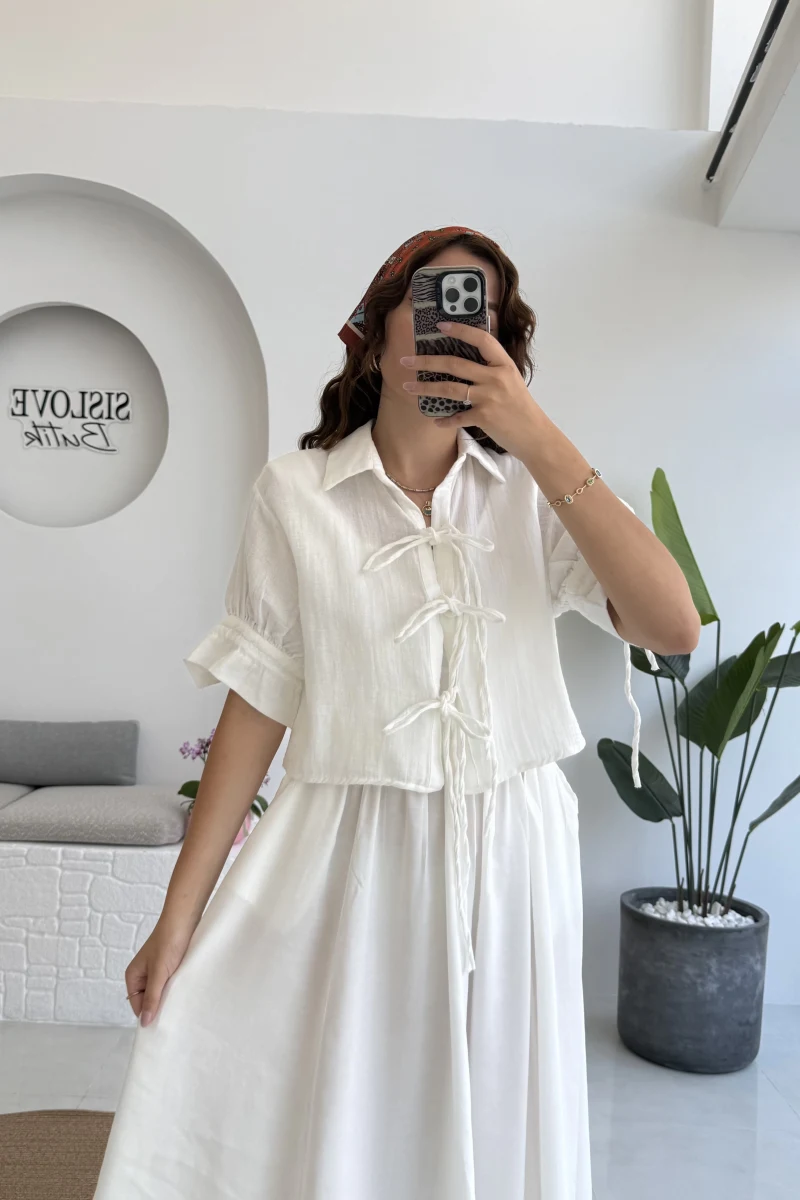 Mina İp Detay Gömlek - Kırık Beyaz - 2111