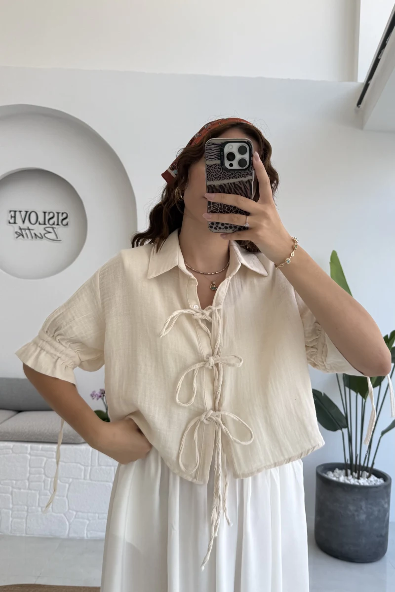 Mina İp Detay Gömlek - Taş - 2111