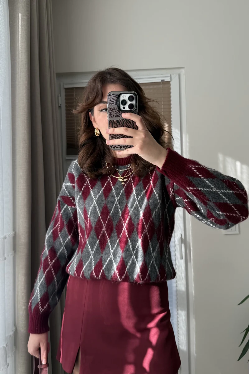 Mini Baklava Desenli Kazak Bordo