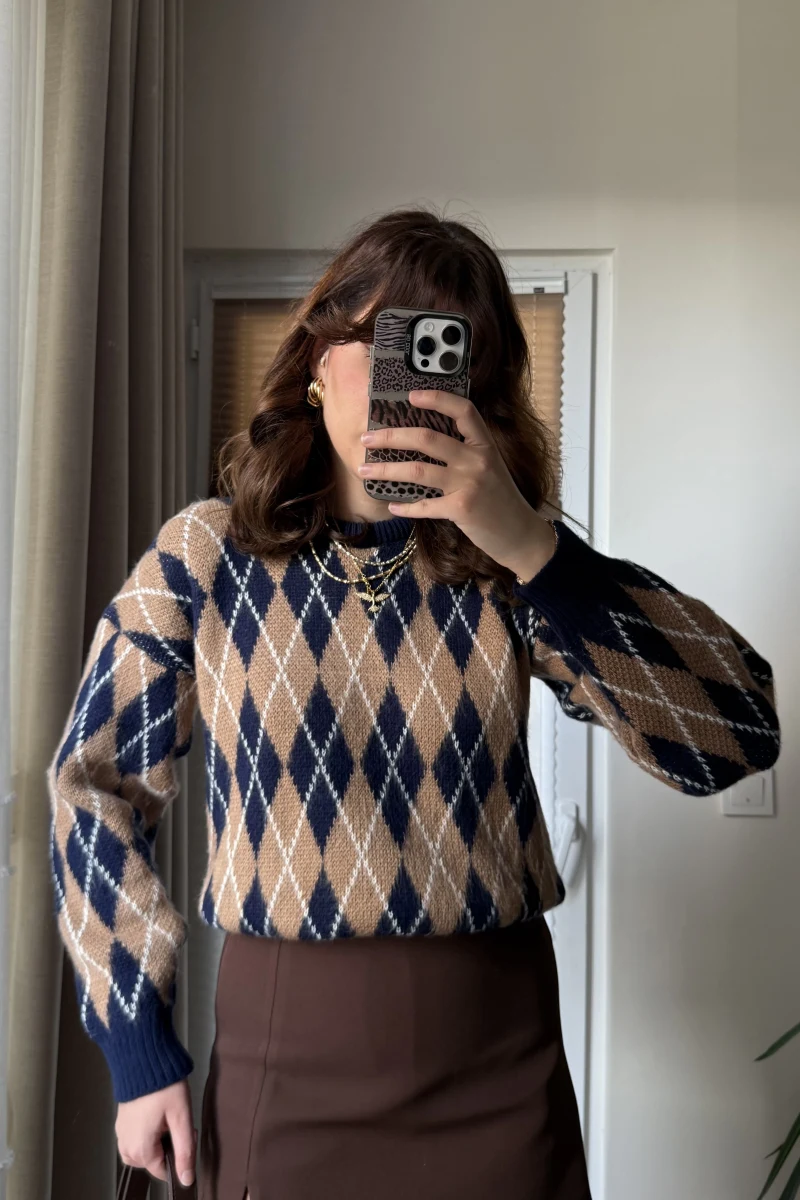 Mini Baklava Desenli Kazak Lacivert-Kahverengi