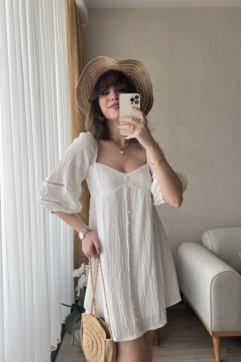 Mira Gofre Kumaş Beyaz Elbise