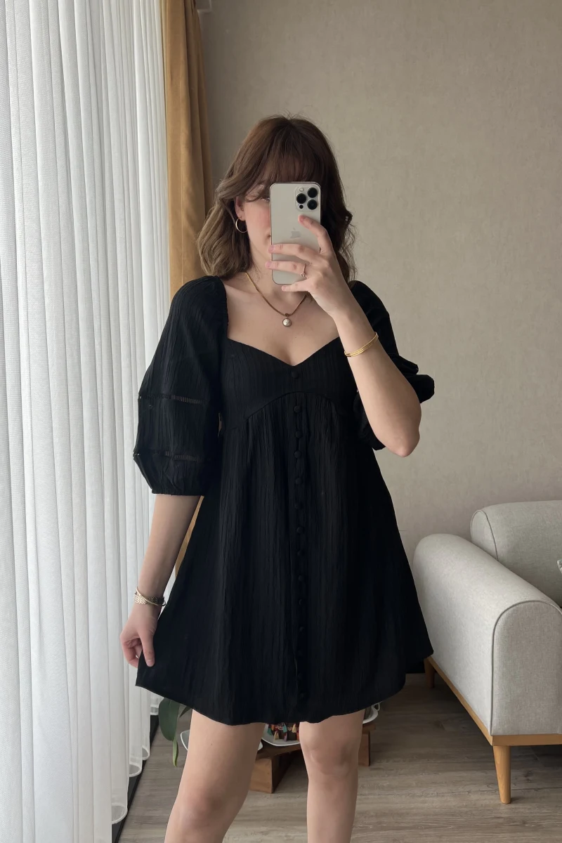 Mira Gofre Kumaş Siyah Elbise