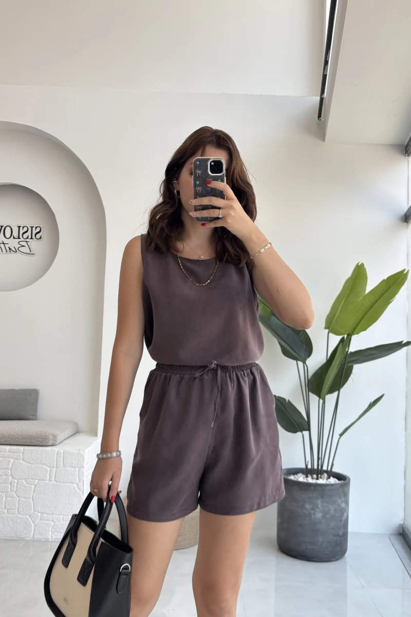 Moana Şort - Kalın Askılı Bluz Takım - Kahve