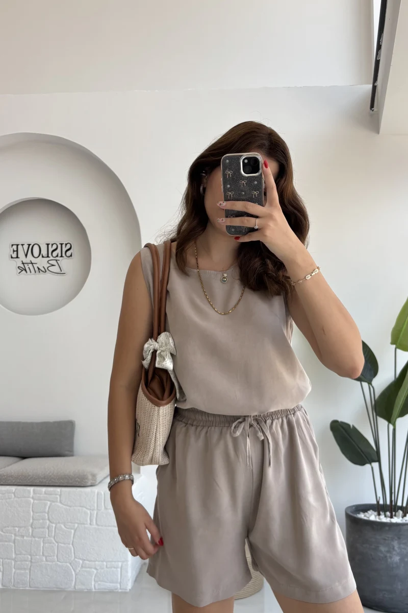 Moana Şort - Kalın Askılı Bluz Takım - Kırık Vizon