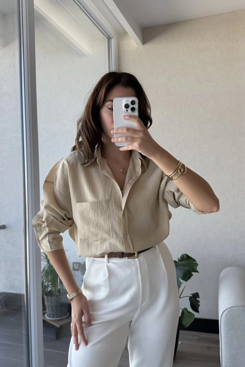 Modal Çizgili Krem Gömlek