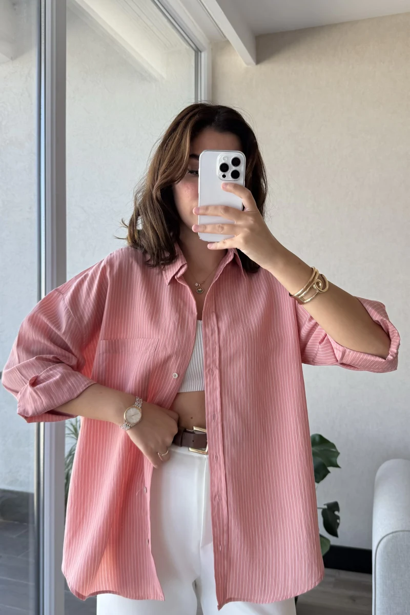 Modal Çizgili Pembe Gömlek