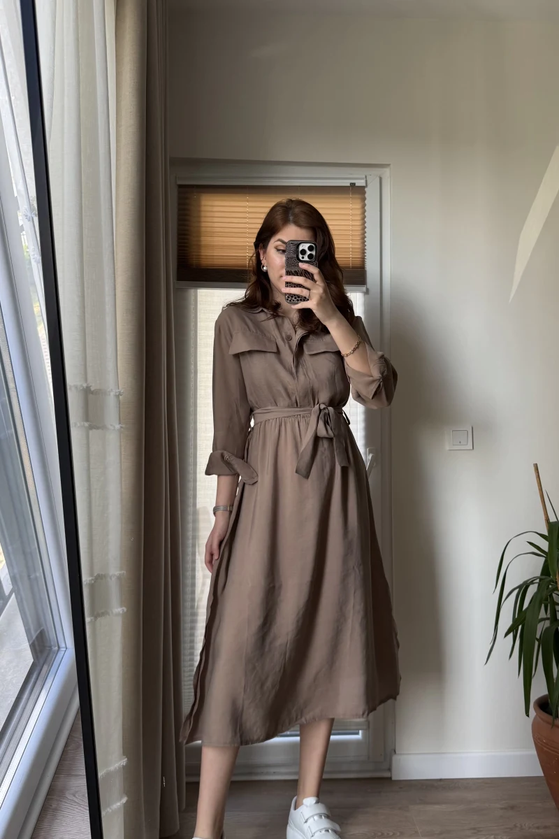 Modal Gömlek Elbise - Kahve