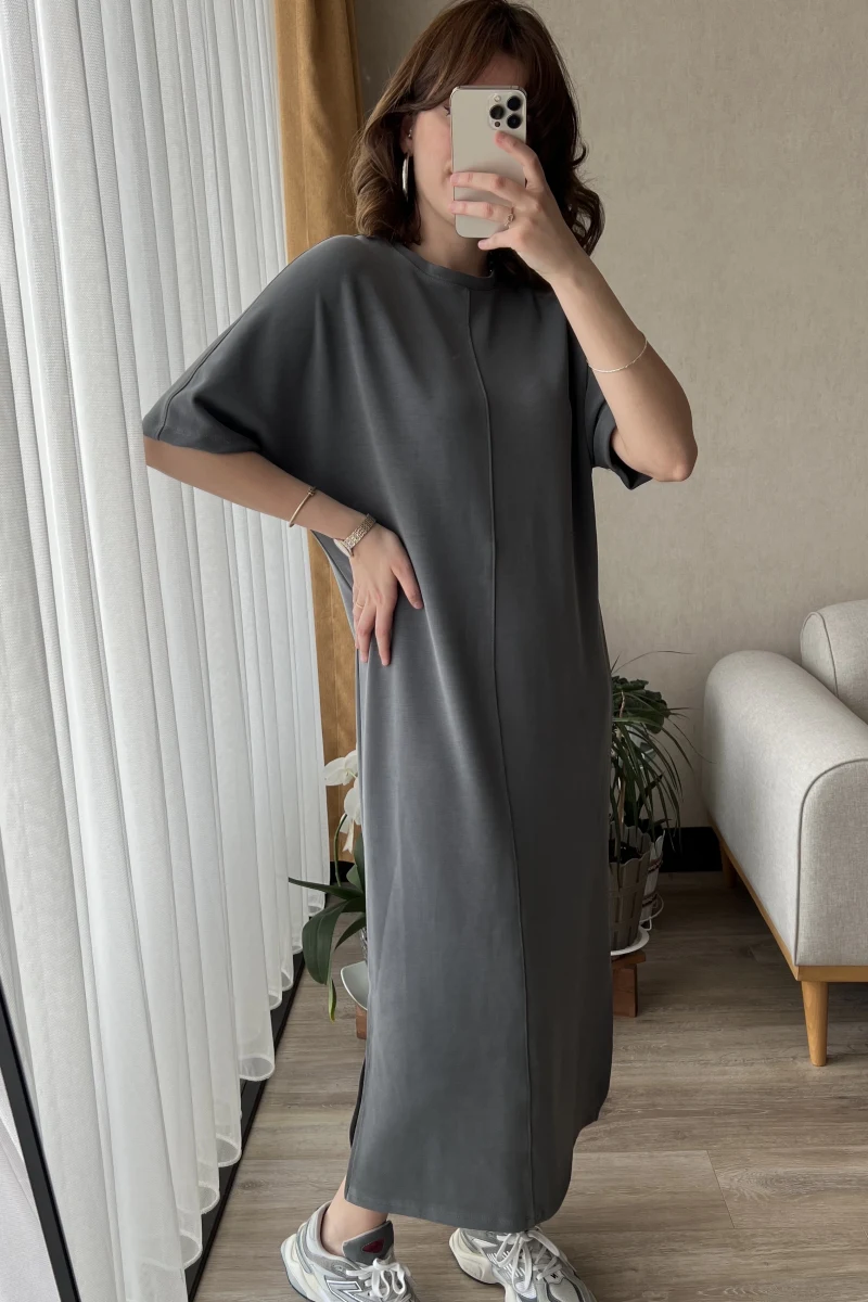 Modal Gri Uzun Elbise