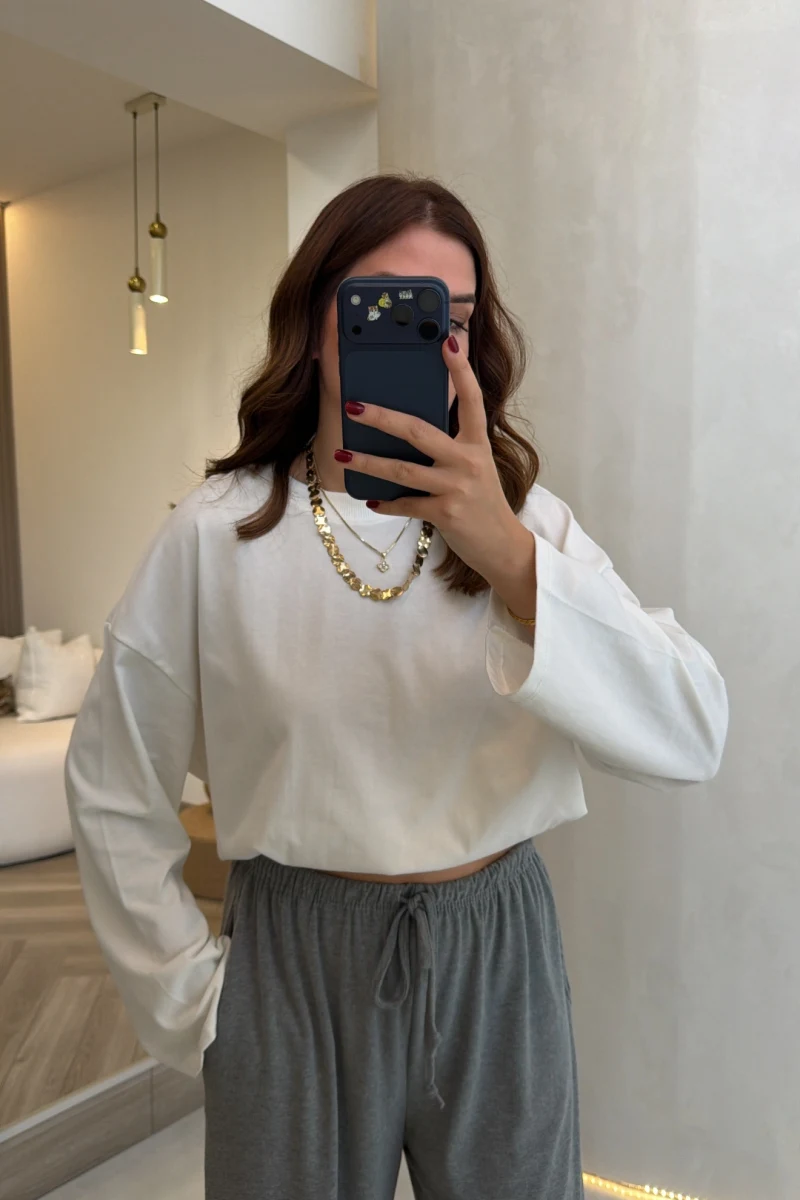 Molina Bisiklet Yaka Basıc Sweatshirt - Beyaz - Kod: 4886