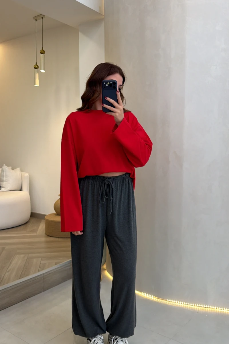 Molina Bisiklet Yaka Basıc Sweatshirt - Kırmızı - Kod: 4886
