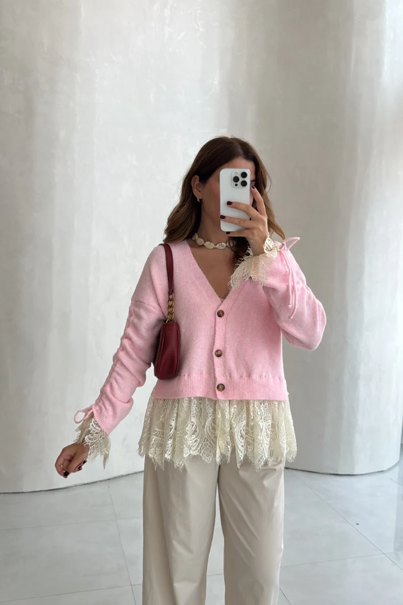 Molly Dantel Detay Triko Hırka - Pembe - Kod: 9110