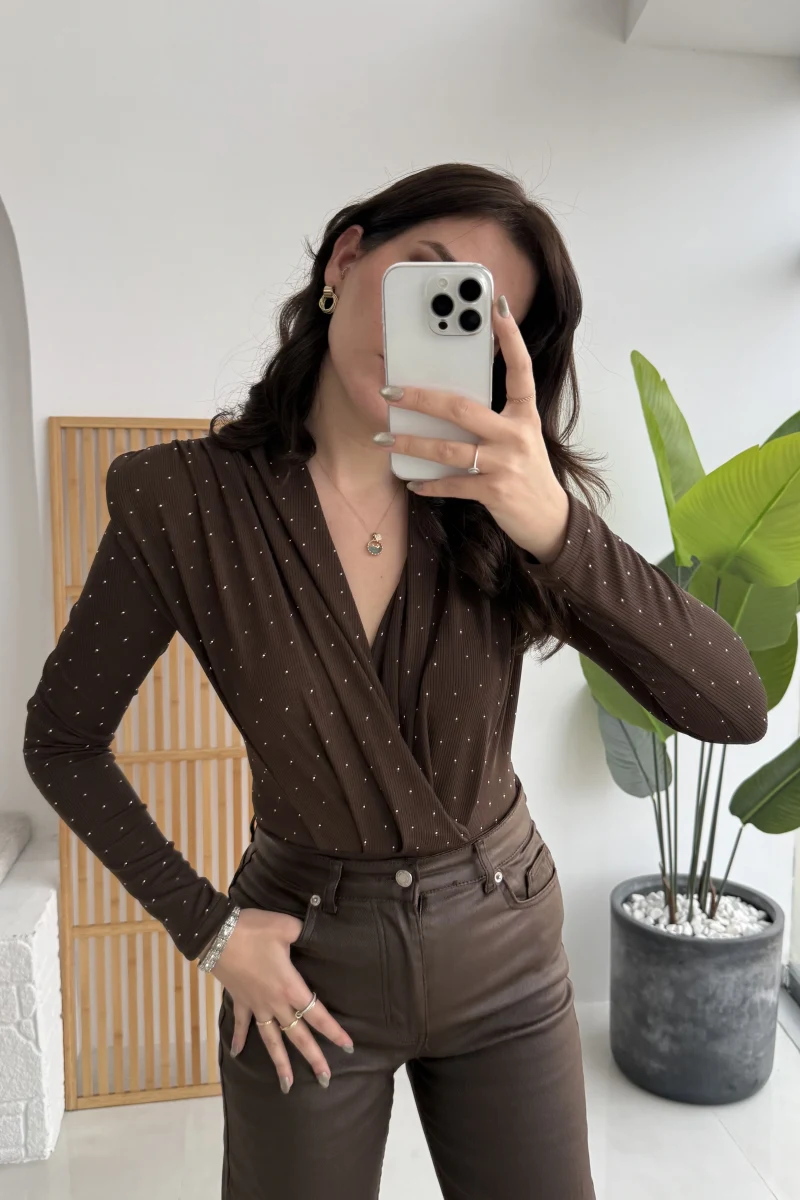 Monica Vatkalı Taşlı Bodysuit Kahverengi