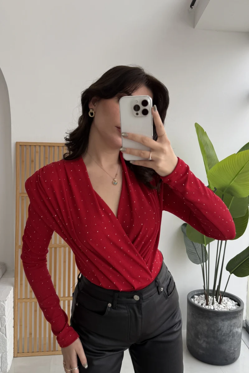 Monica Vatkalı Taşlı Bodysuit Kırmızı