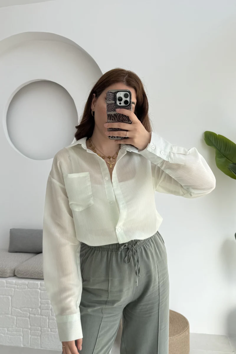 MS İnce Çizgili Yeşil Gömlek