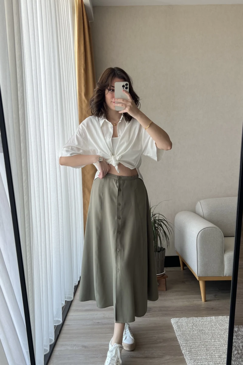 MSD Etiketli Haki Düğmeli Etek