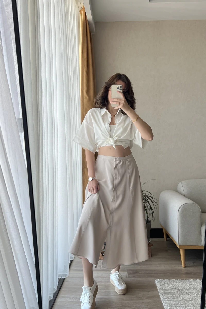 MSD Etiketli Krem Düğmeli Etek