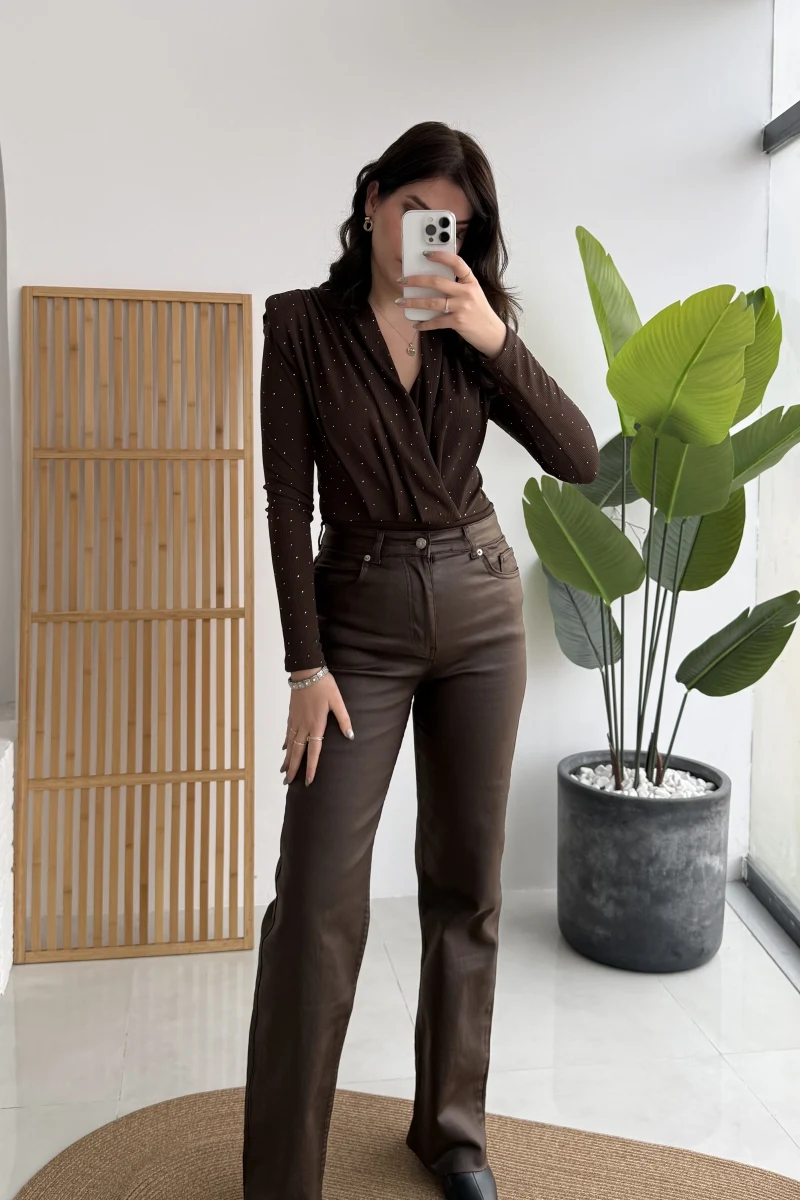 Mumlu Deri Straight Acı Kahve Jean Pantolon - Kod: 1701