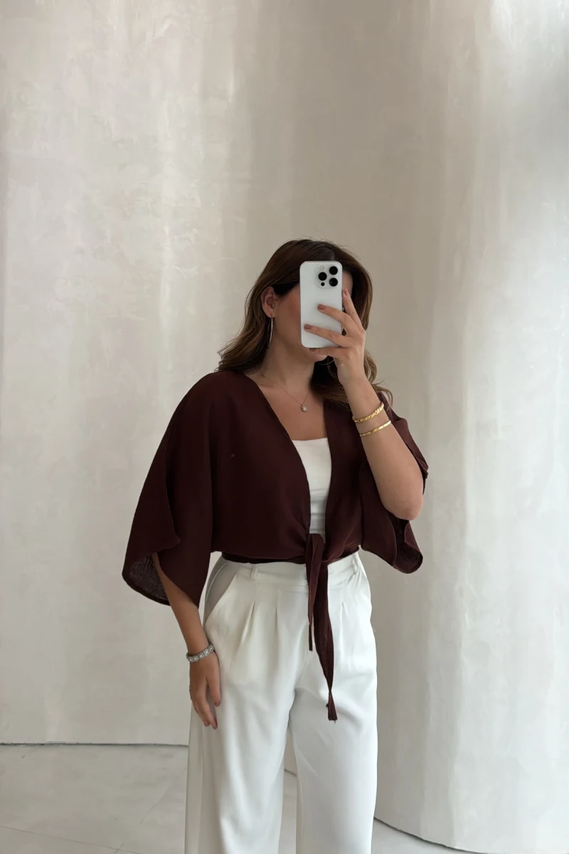 Müslin Bağlamalı Crop Bluz - Kahve - Kod: 4729