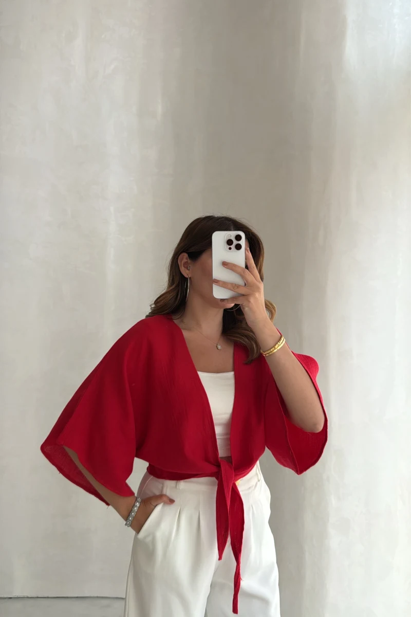 Müslin Bağlamalı Crop Bluz - Kırmızı - Kod: 4729