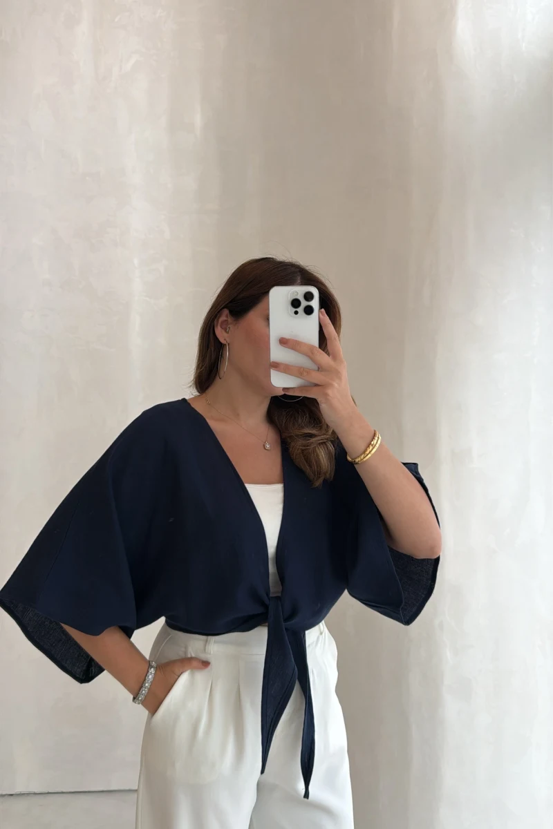 Müslin Bağlamalı Crop Bluz - Lacivert - Kod: 4729