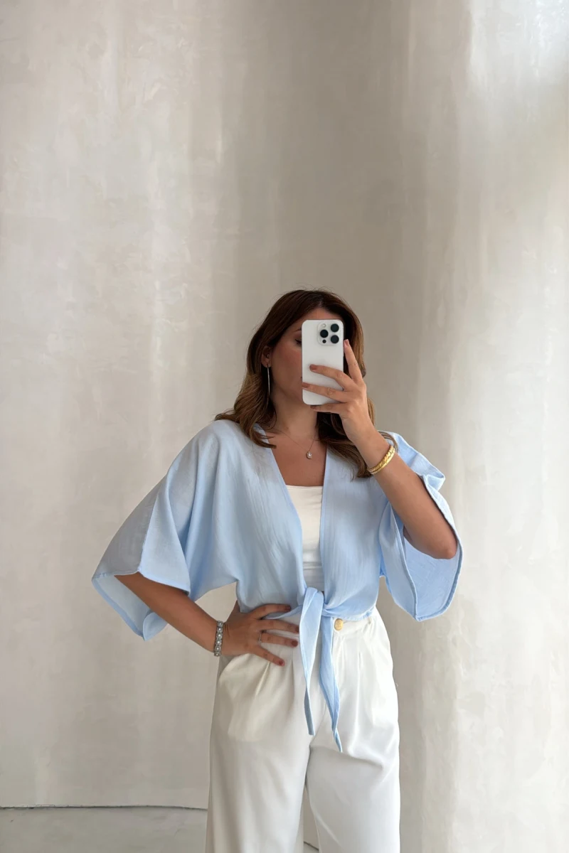 Müslin Bağlamalı Crop Bluz - Mavi - Kod: 4729