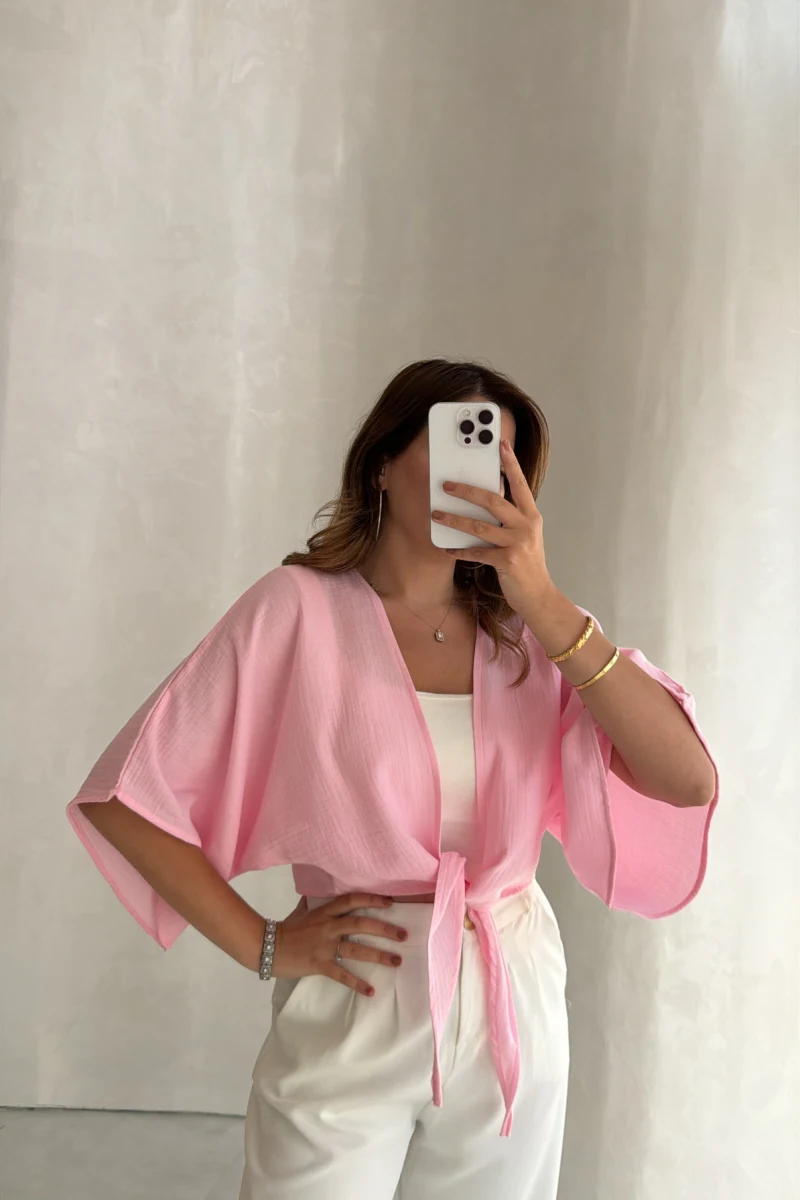 Müslin Bağlamalı Crop Bluz - Pembe - Kod: 4729