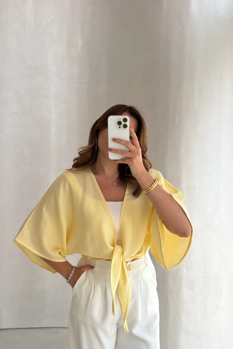 Müslin Bağlamalı Crop Bluz - Sarı - Kod: 4729