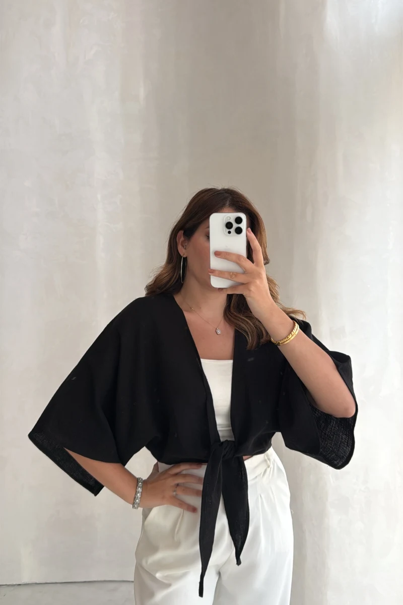 Müslin Bağlamalı Crop Bluz - Siyah - Kod: 4729
