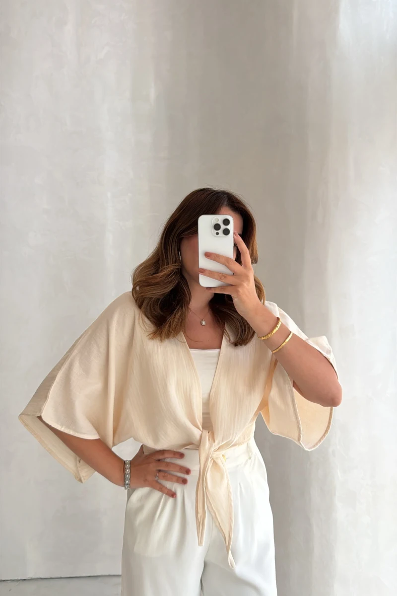 Müslin Bağlamalı Crop Bluz - Taş - Kod: 4729