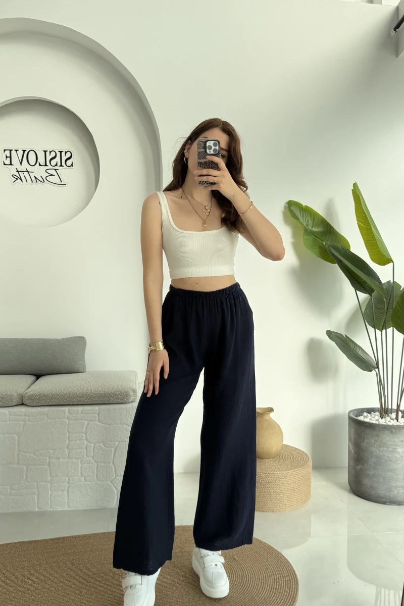 Müslin Cepli Pantolon Lacivert 0448