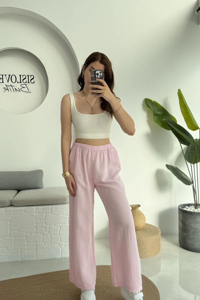 Müslin Cepli Pantolon Pembe 0448
