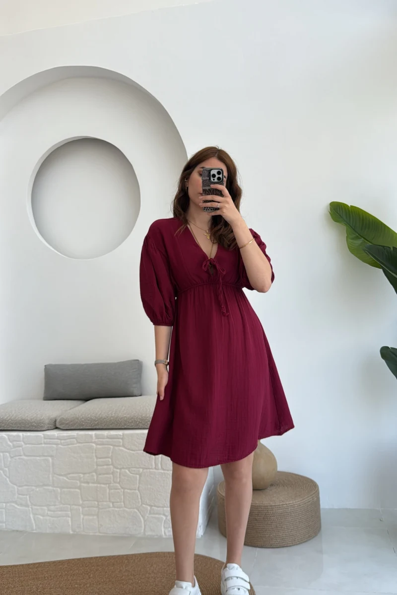 Müslin Kısa Becca Elbise Bordo