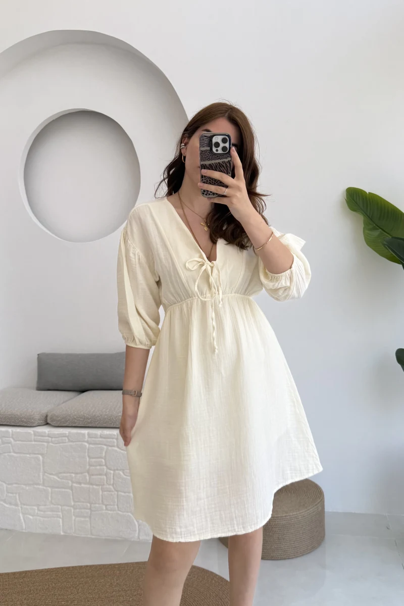 Müslin Kısa Becca Elbise Ekru