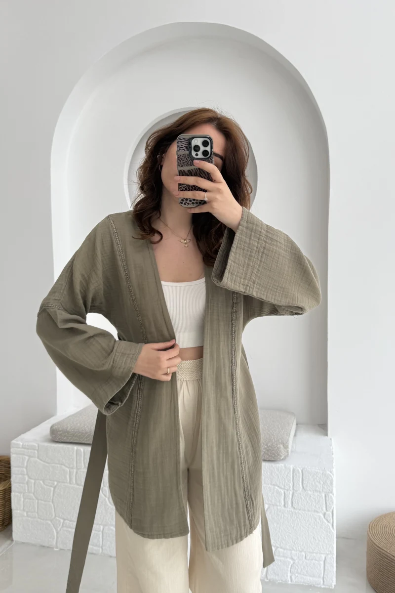 Müslin Kumaş Kimono Haki - 7011