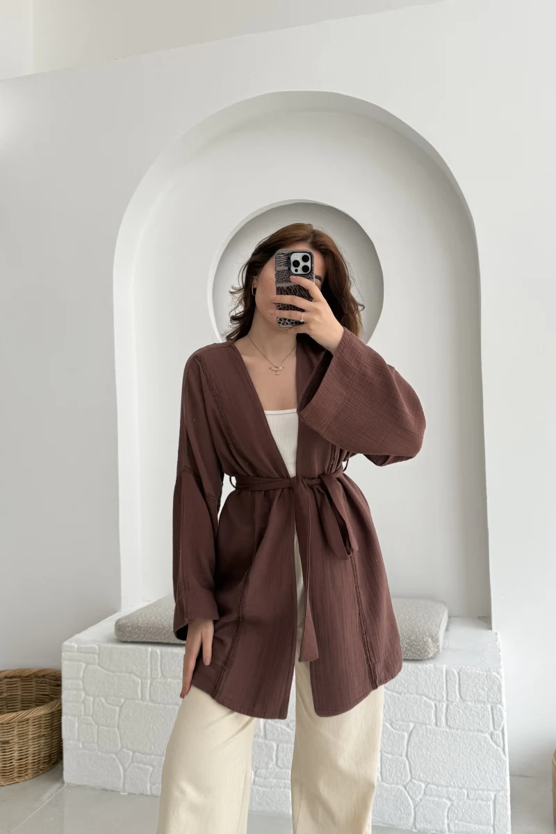 Müslin Kumaş Kimono Kahve - 7011