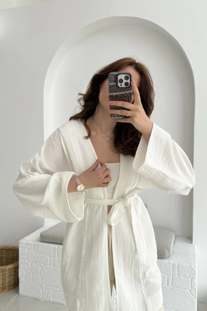 Müslin Kumaş Kimono Kırık Beyaz - 7011