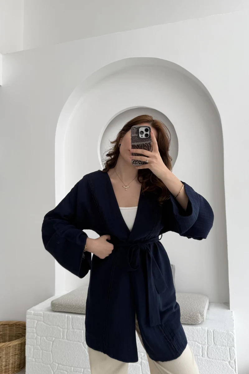 Müslin Kumaş Kimono Lacivert - 7011