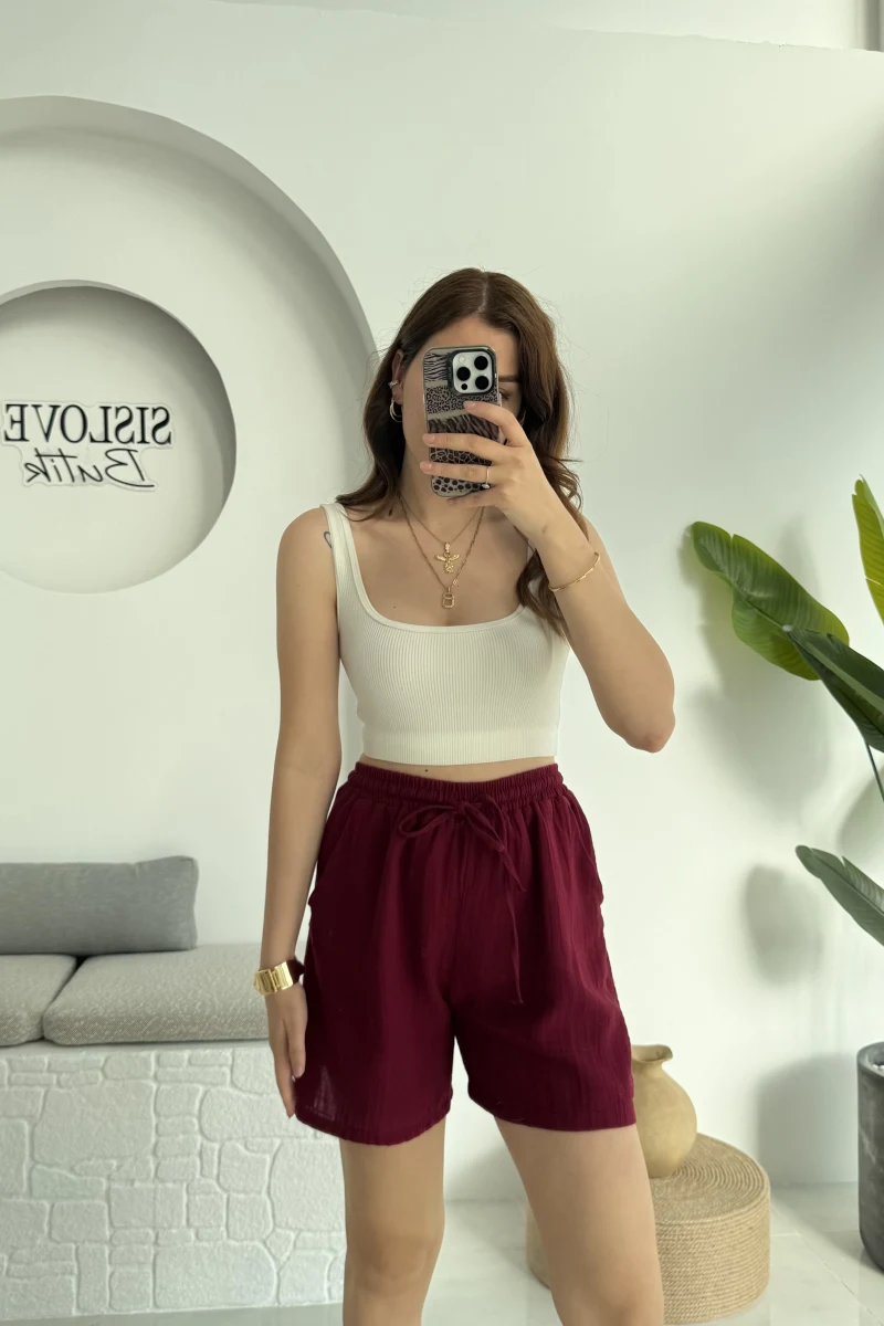 Müslin Kumaş Şort Bordo 0463
