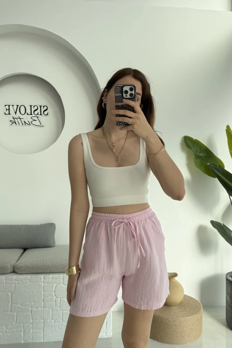 Müslin Kumaş Şort Pembe 0463