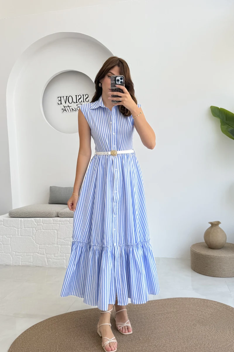 Nairobi Çizgili Kemerli Elbise - Açık Mavi - 205186