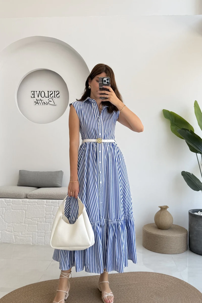 Nairobi Çizgili Kemerli Elbise - Koyu Mavi - 205186