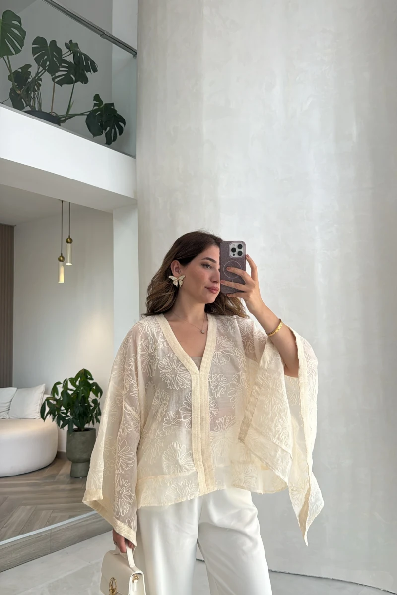 Nakışlı Kimono - Bej - Kod: 5100